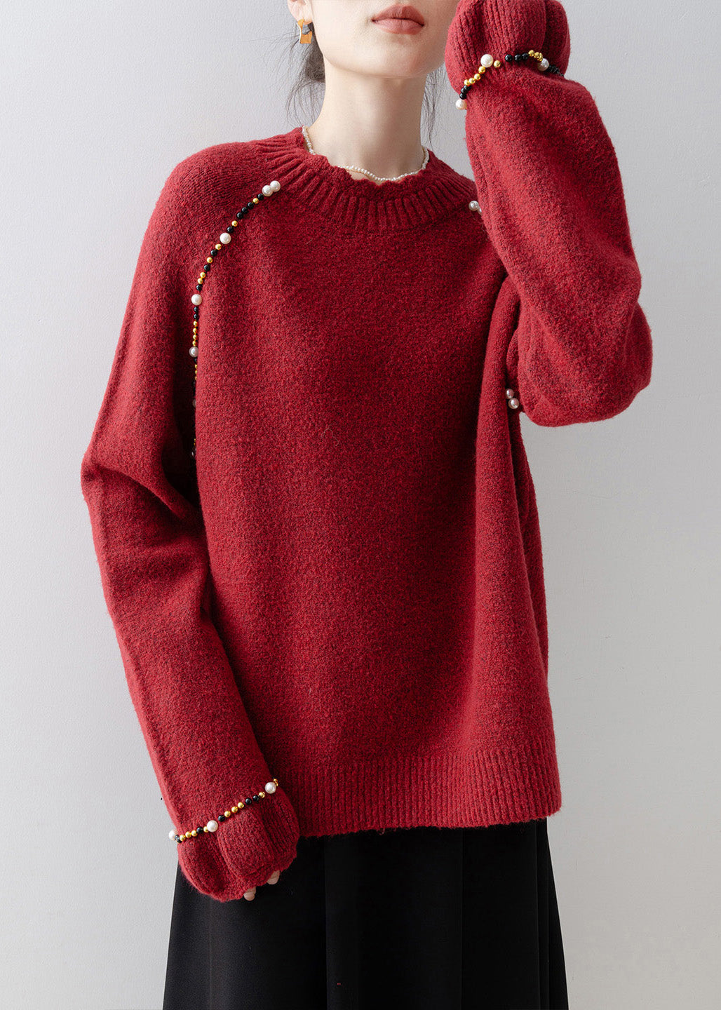 Red O Neck Nail Bead Knit Sweater Spring