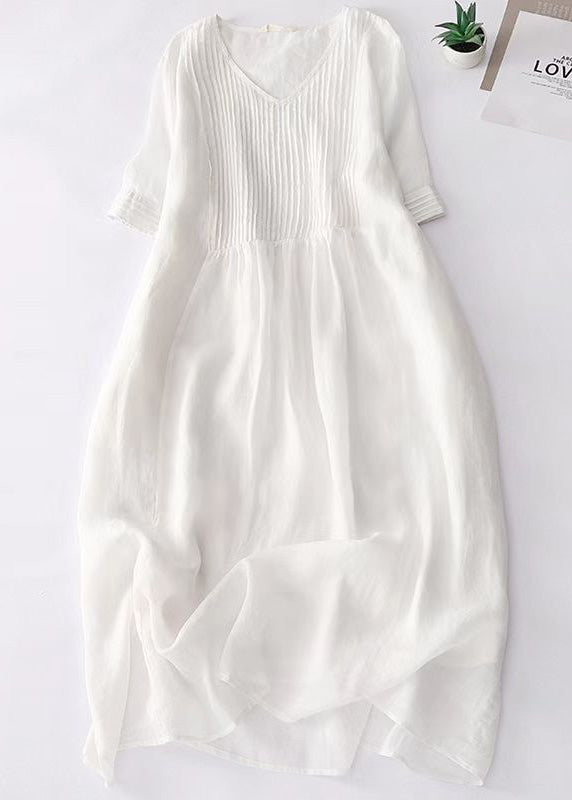 Simple Apricot V Neck Cotton Long Dresses Summer