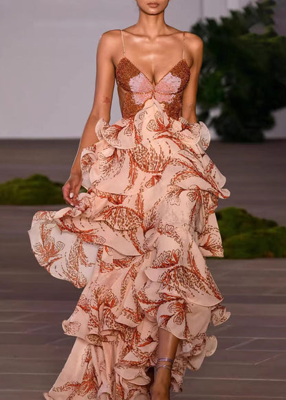 Italian Ruffled Backless Chiffon Spaghetti Strap Dresses Summer