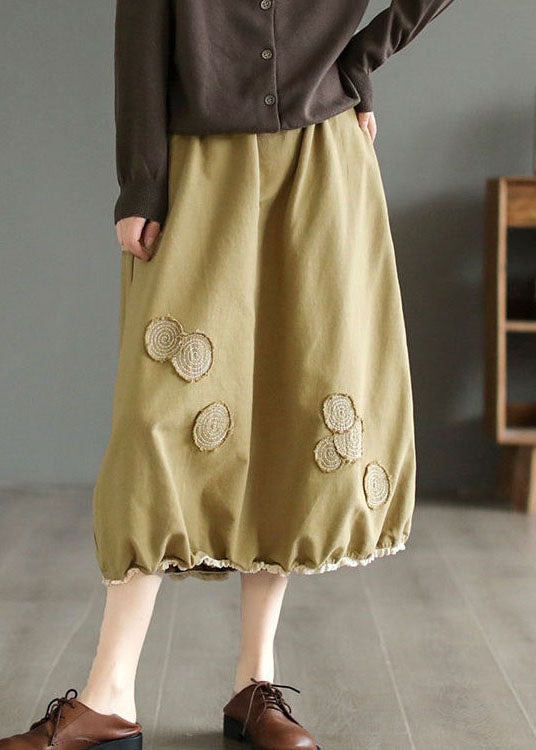 Handmade Khaki Embroidered Elastic Waist Patchwork Cotton Skirts Spring