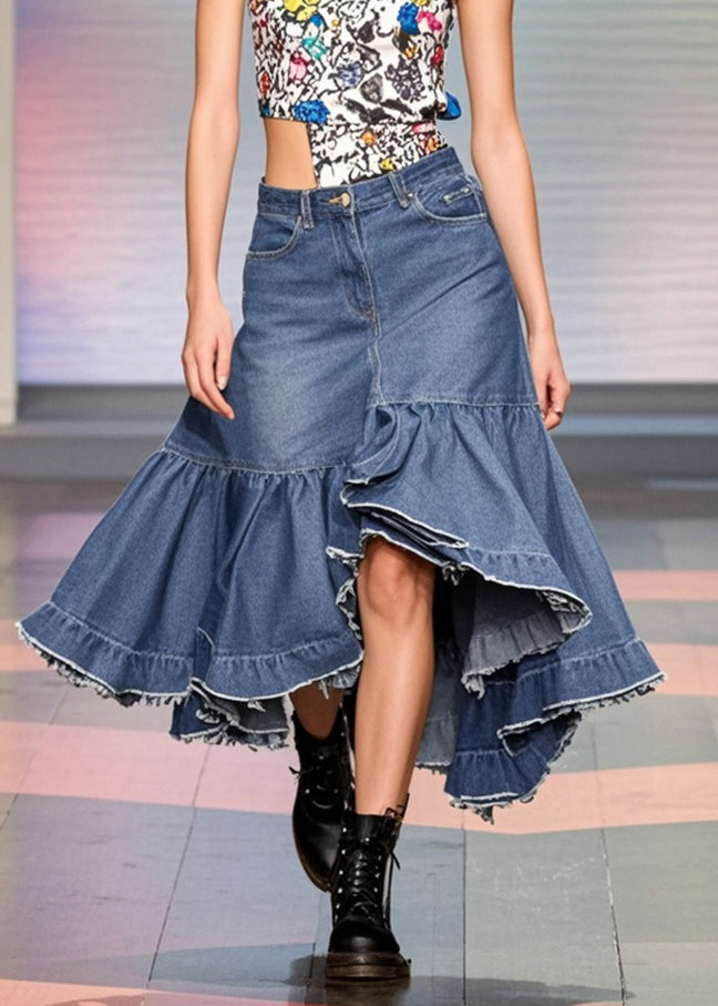 Blue Ruffled Patchwork Side Open Denim Skirts Spring