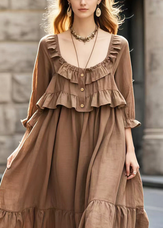 Brown U Neck Patchwork Ruffles Long Dress Summer