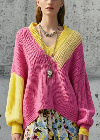 Rose V Neck Cozy Knit Loose Sweater Fall