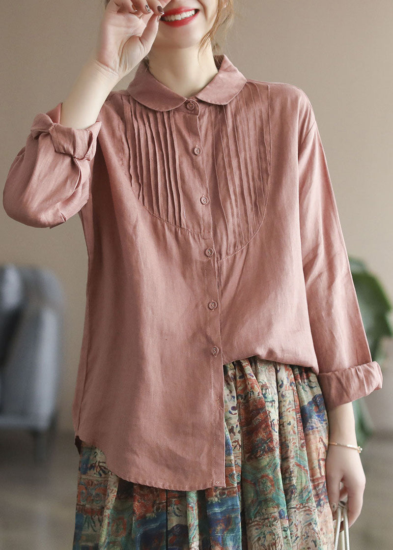 Rose Peter Pan Collar Wrinkled Button Linen Shirt Tops Long Sleeve
