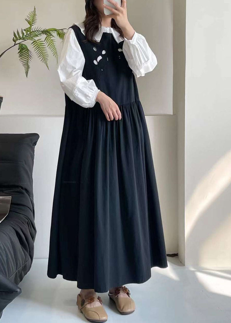 Black O-neck Patchwork Wrinkled Maxi Dress Summer