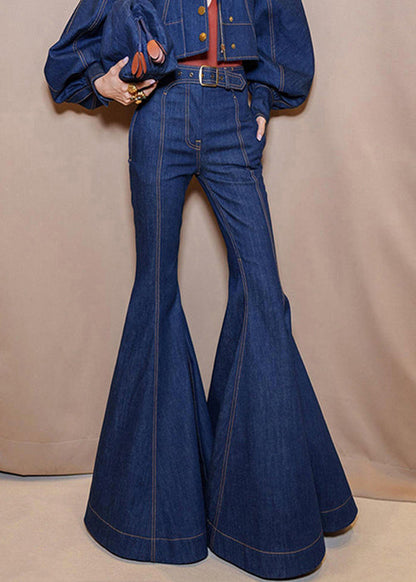 Original Design Blue Pockets High Waist Denim Flared Trousers Fall