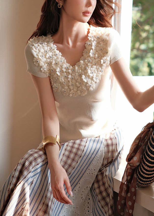 Art Beige V Neck Nail Bead Knit T Shirts Summer