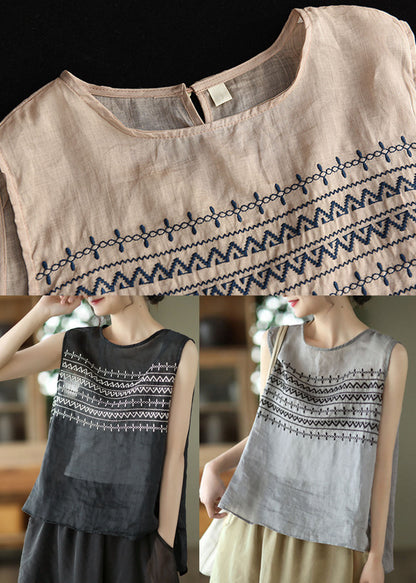 Black Embroidered Linen Tank Tops Sleeveless