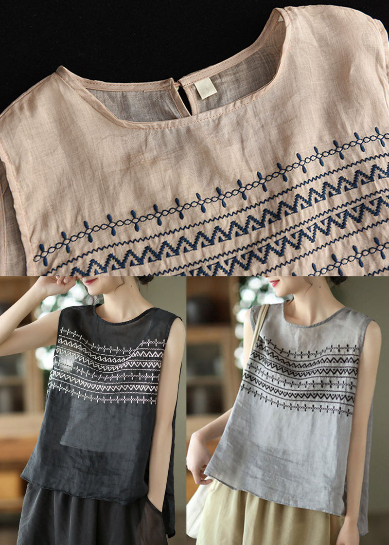 Black Embroidered Linen Tank Tops Sleeveless