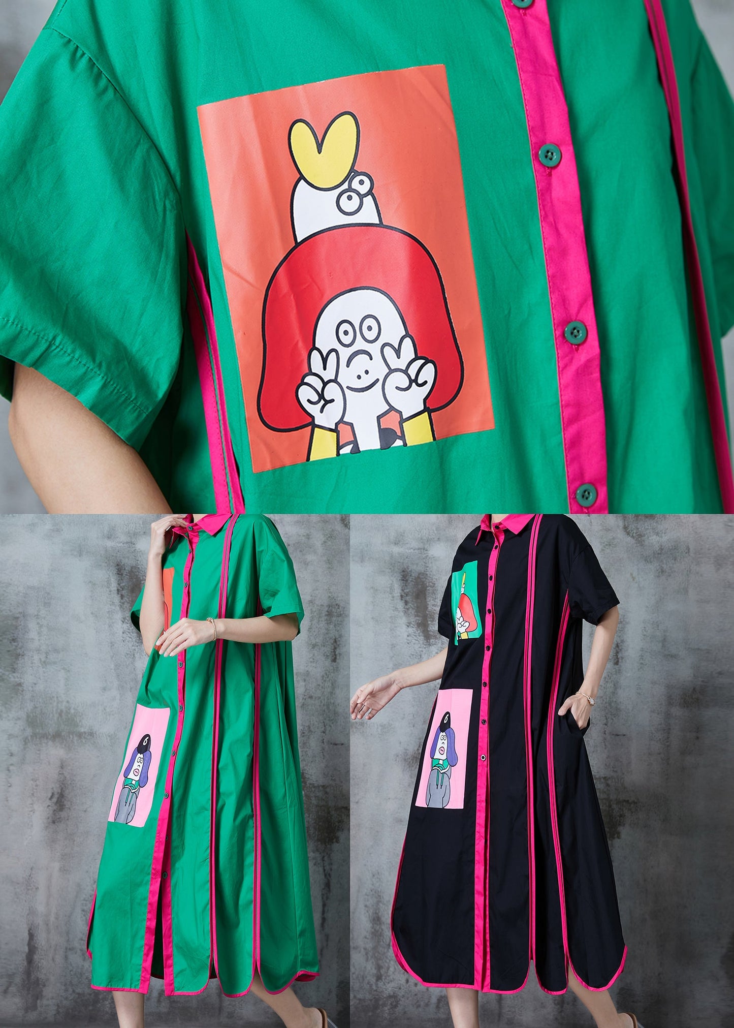 Green Patchwork Cotton a Line Dresses Applique Summer