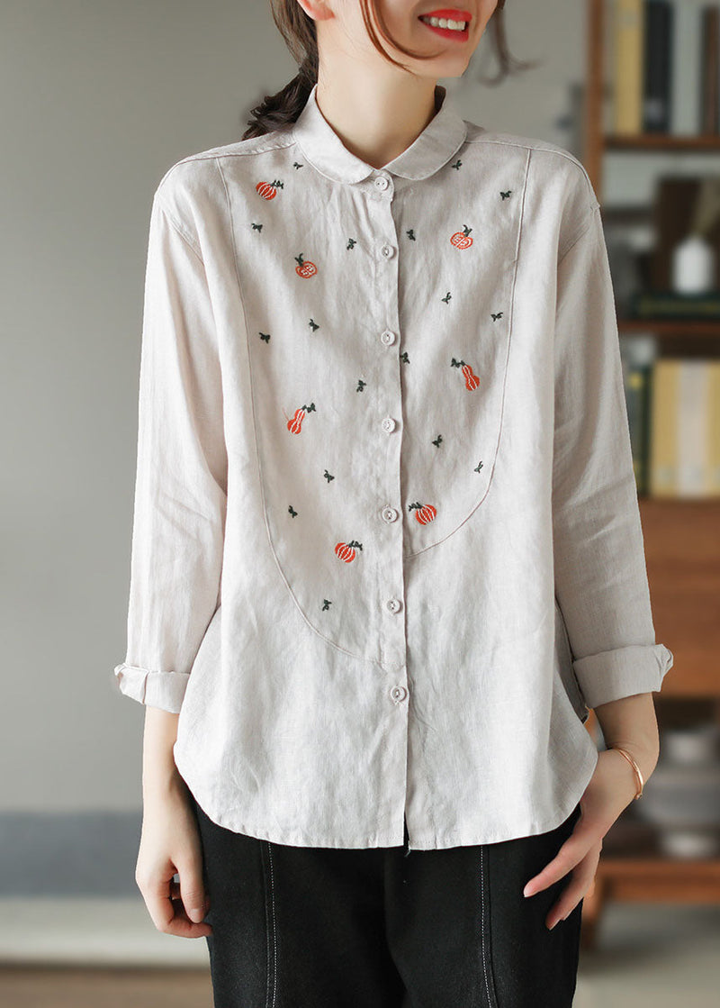 Beige Peter Pan Collar Patchwork Linen Shirt Tops Spring