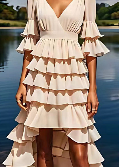 Apricot V Neck Ruffled Low High Design Chiffon Dresses Flare Sleeve