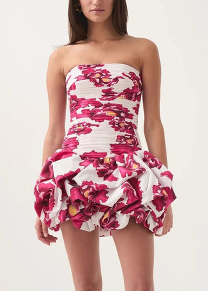 Slim Fit Rose Strapless Print Wrinkled Cotton Mid Dress Sleeveless