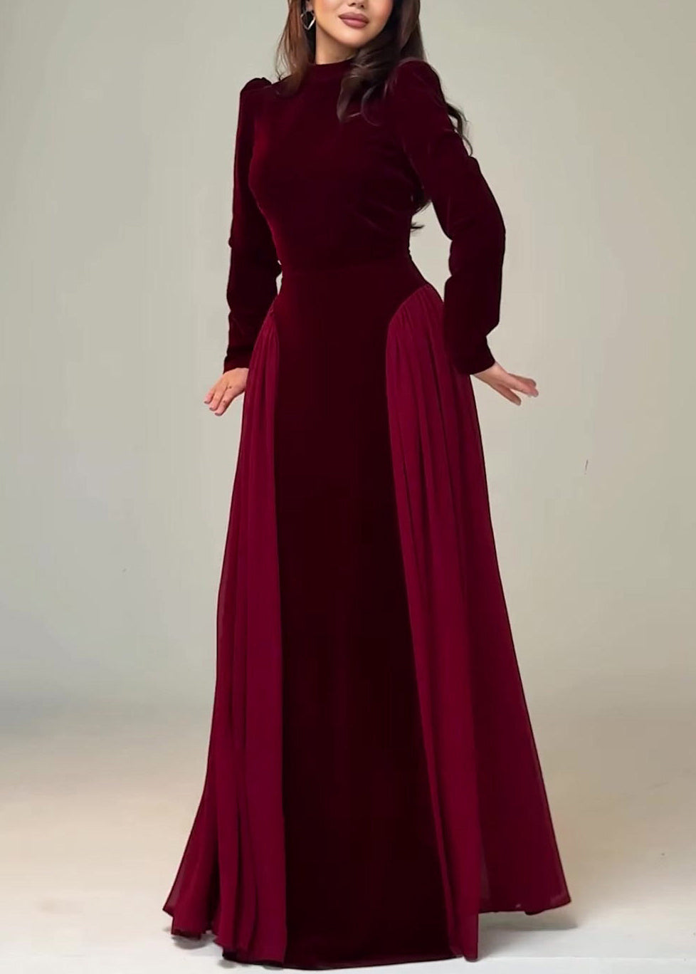 Wine Red Chiffon Patchwork Velour Long Dresses Tie Waist