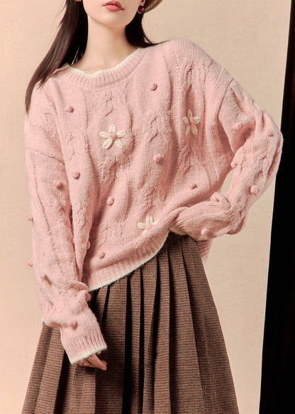 Pink Cozy Cotton Knit Sweaters O Neck Spring