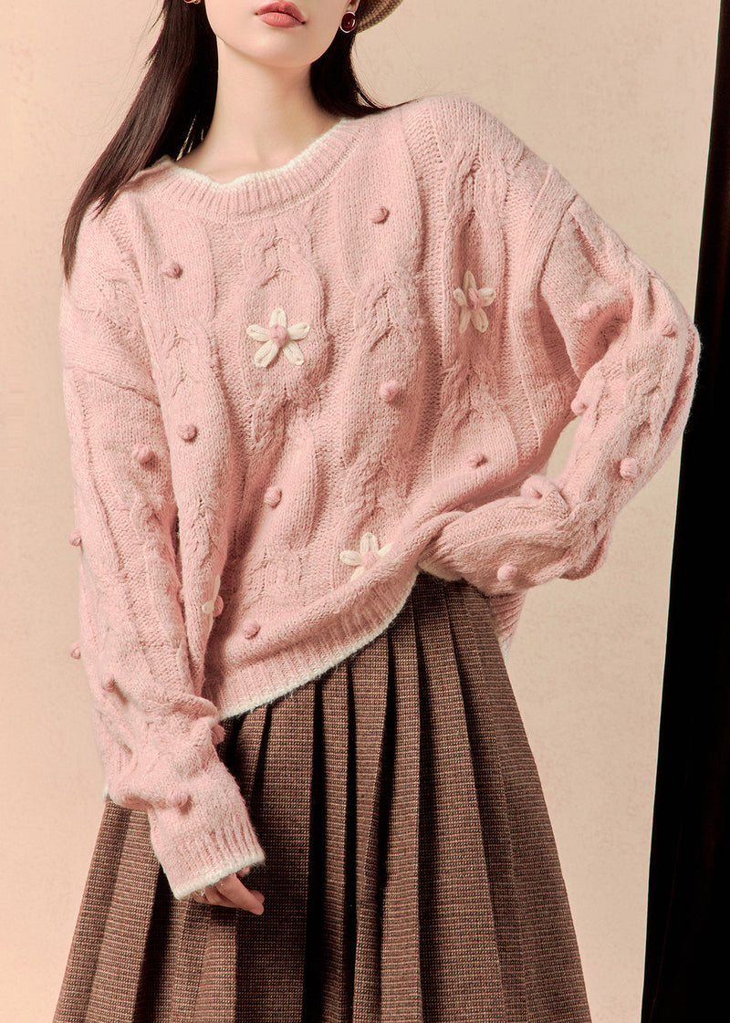 Pink Cozy Cotton Knit Sweaters O Neck Spring