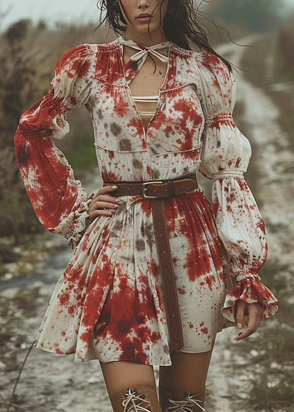 V Neck Tie Dye Pastoral Style Mid Dress Flare Sleeve