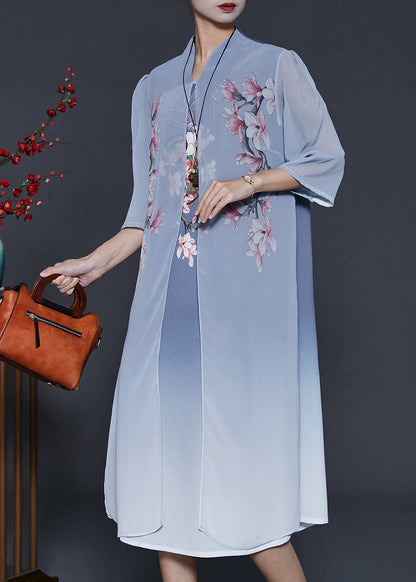 Blue Print Silk Fake Two Piece Dress Summer