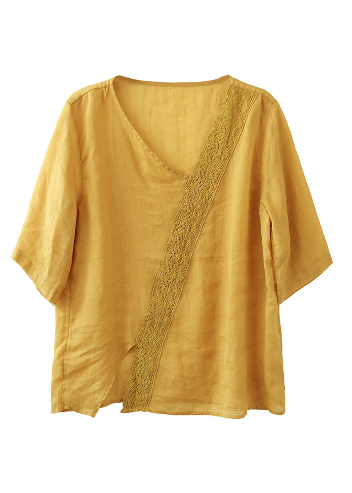 Brief Mulberry V Neck Embroidered Lace Patchwork Linen Top Short Sleeve