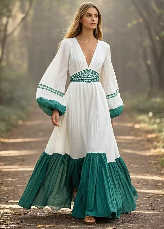 White V Neck Patchwork Exra Large Hem Dresses Lantern Sleeve