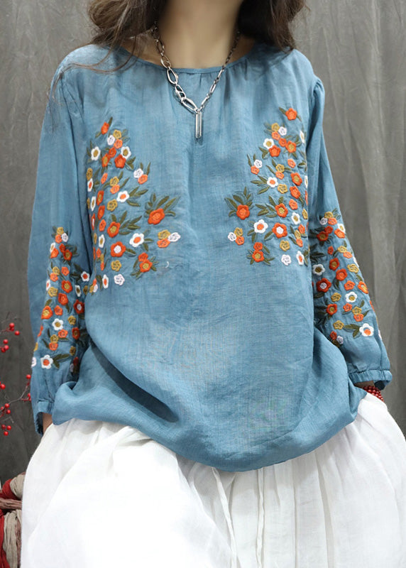 Beige O-neck Embroidered Linen Shirt Top Fall