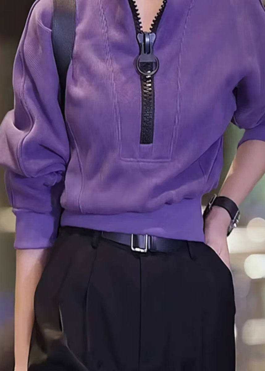 Purple Zip Up Patchwork Cotton Tops Fall