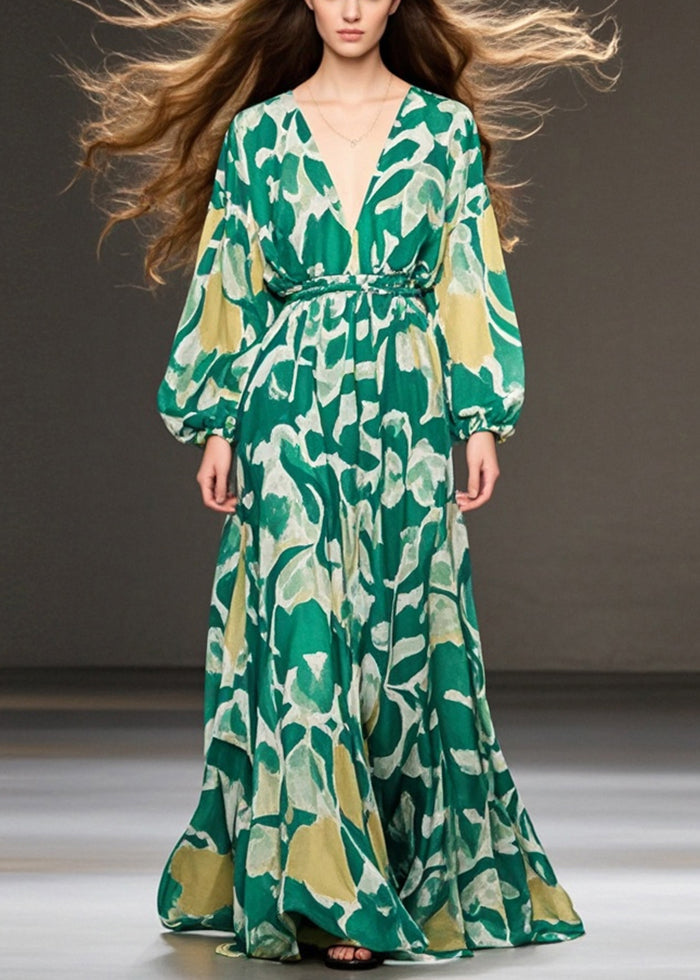 Green V Neck Print Chiffon Holiday Dresses Fall