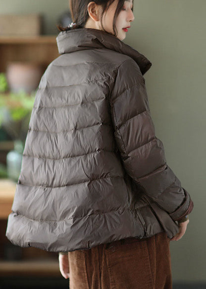 Grey Stand Collar Pockets Design Winter Thick Down Coats