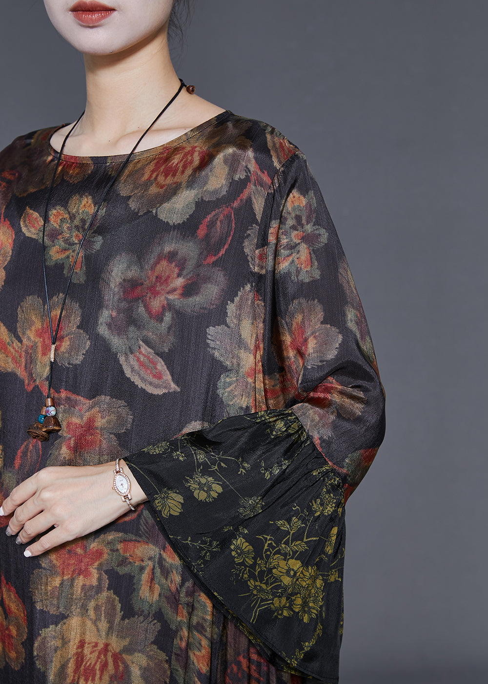 Black Oversized Patchwork Print Silk Maxi Dresses Flare Sleeve