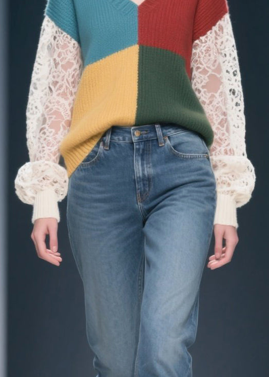 Mixed Color Hollow Out Patchwork Lace Sweater Tops Fall