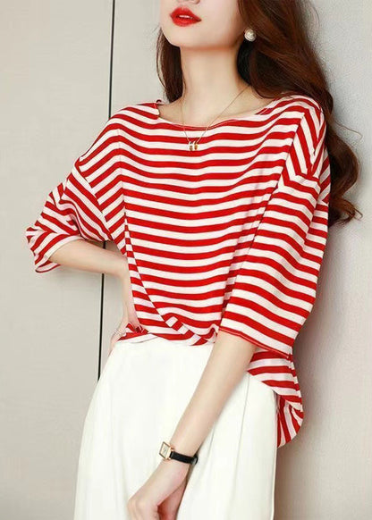 Blue O Neck Striped Silk Shirt Tops Summer