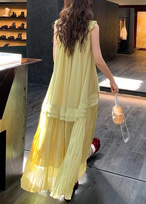 Green V Neck Lace Up Wrinkled Chiffon Long Dress Sleeveless