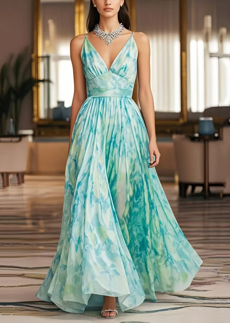 Light Blue Print Exra Large Hem Chiffon Cami Dresses Summer