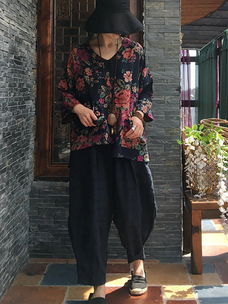 V-neck Long Sleeve Cotton Blouse Shirt