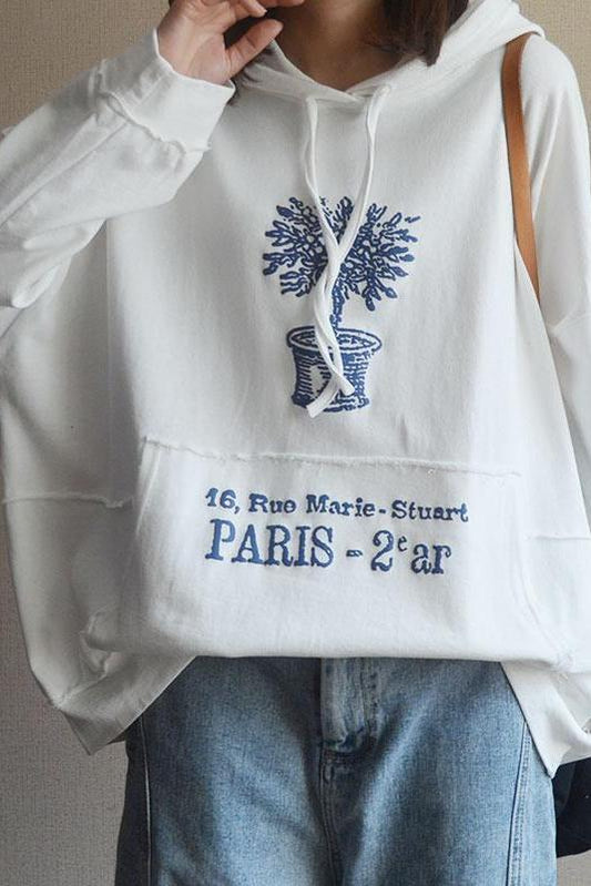 Plant Print 100% Cotton Hooded Spring Sweatshirt