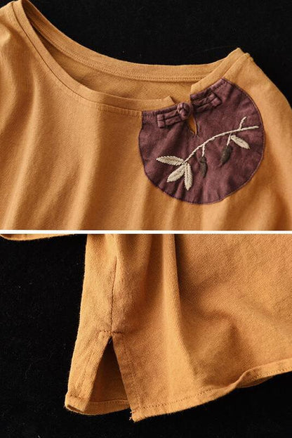 Cotton Split Patchwork O Neck T-shirt