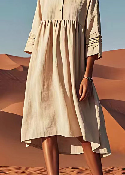 Unique Beige O Neck Wrinkled Linen Dress Summer