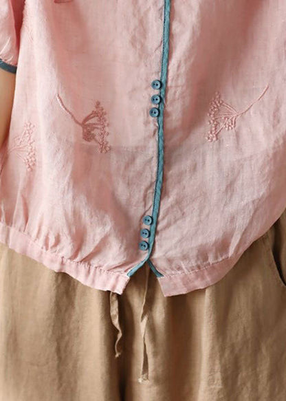 Pink Button Patchwork Linen Shirt Top Embroidered Summer