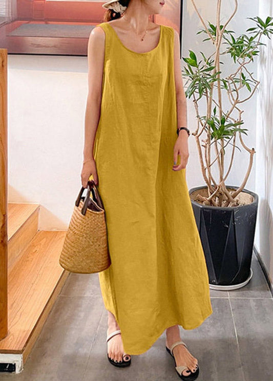 Handmade Yellow O-neck Long Spaghetti Strap Dress Sleeveless