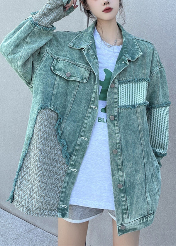 Green Peter Pan Collar Patchwork Denim Jacket Fall
