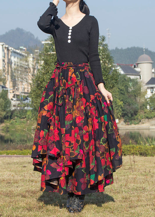 Wrinkled Asymmetrical Print Patchwork Cotton Skirt Fall