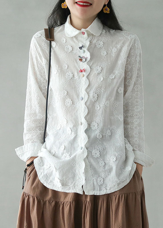 Diy White Embroidered Three-dimensional Cotton Shirt Top Long Sleeve