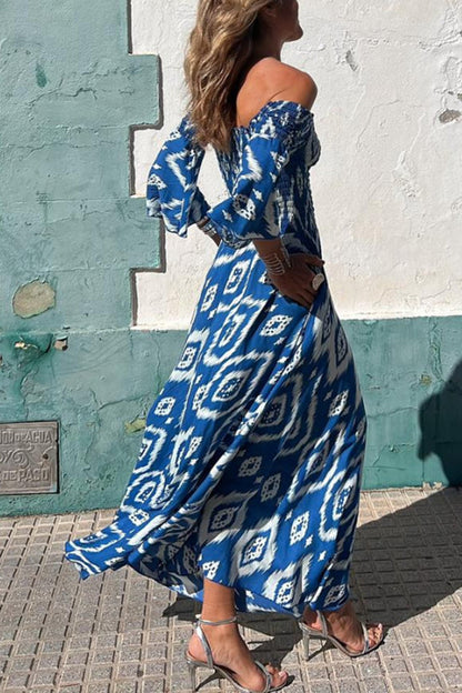 Close to the Vacation Print Smocked Off Shoulder Pocketed Maxi Dress