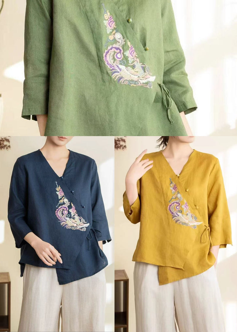 Yellow Embroidered Lace Up Linen Shirts Spring