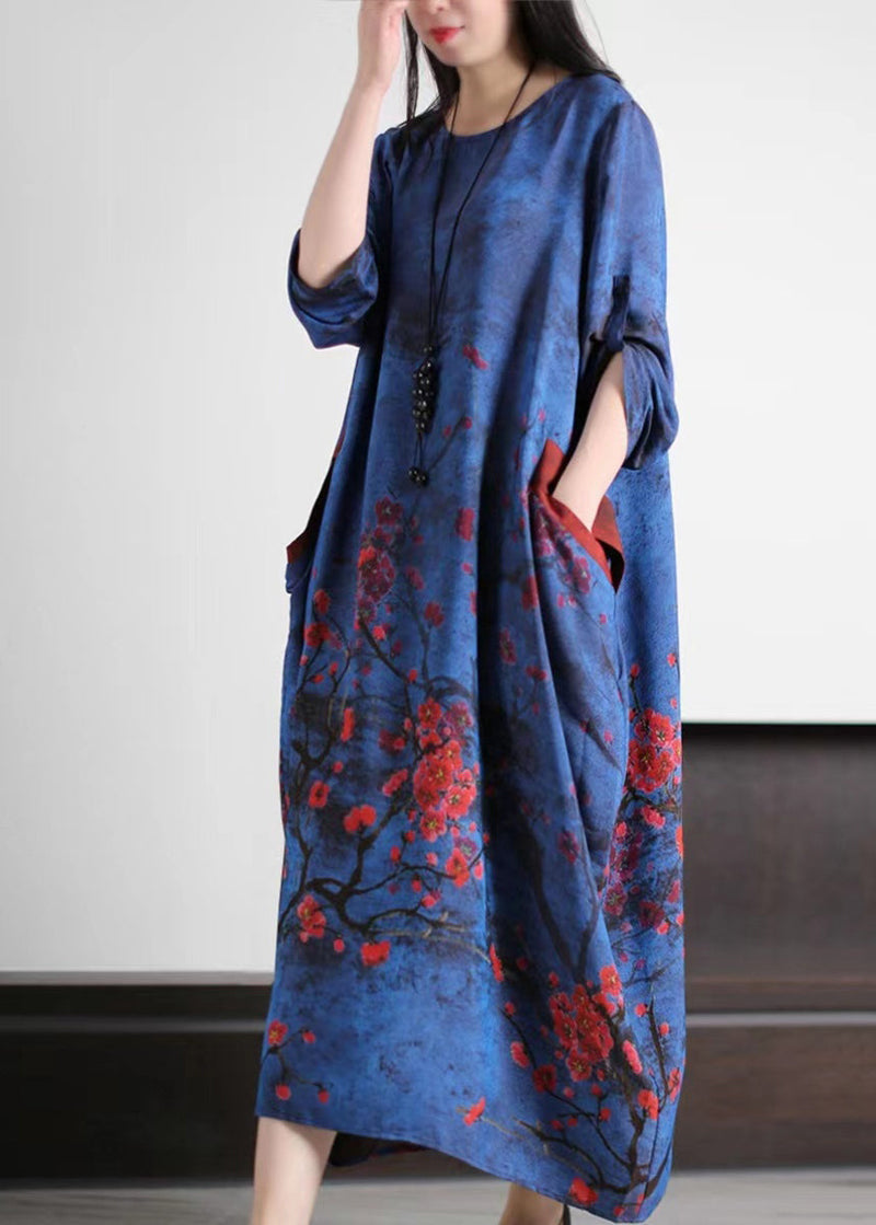Navy Oversized Plum Blossom Print Silk Maxi Dress Spring
