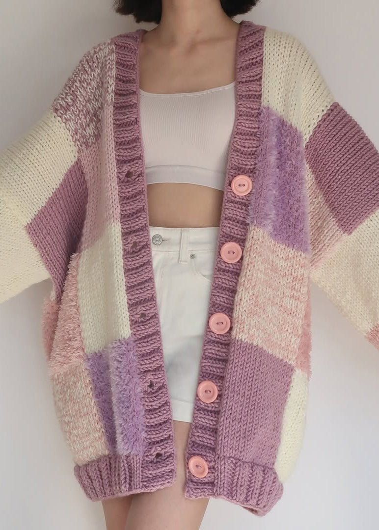 Yellow V Neck Plaid Button Knit Cardigans Fall