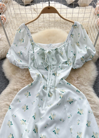 Green Print Lace Up Cotton Dresses Summer