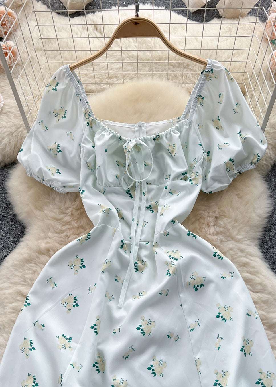 Green Print Lace Up Cotton Dresses Summer
