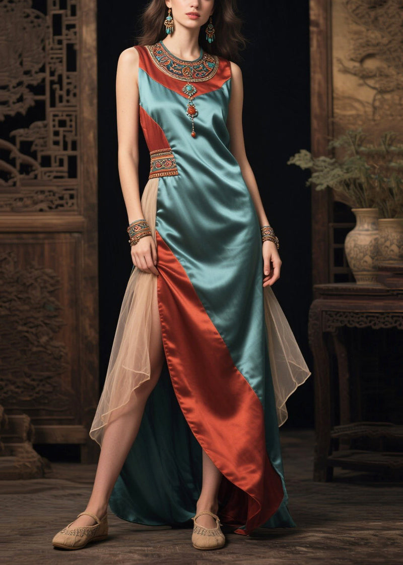Style Sea Blue Asymmetrical Patchwork Silk Vacation Dresses Sleeveless