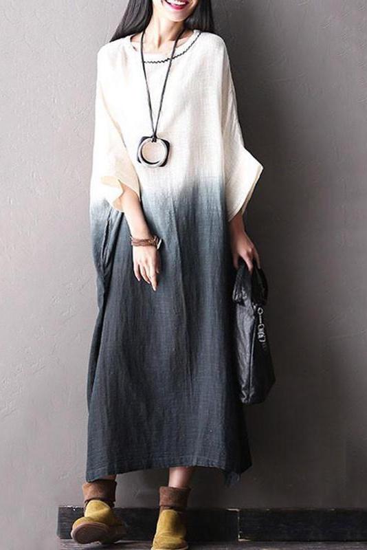 Bat Sleeve Cotton Linen Loose Fitting Long Dresses for